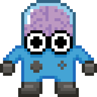Brainy mascot — pixel art character with exposed brain and gamepad body