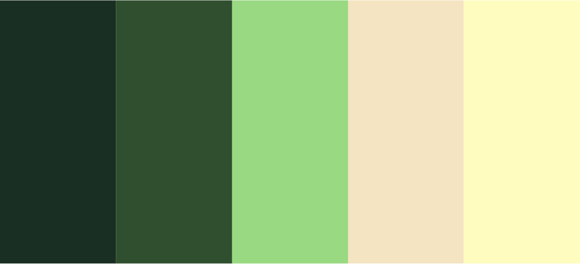 Chillbert Therapy colour palette showing five swatches: deep forest green, sage green, meadow green, warm cream, and sunset yellow