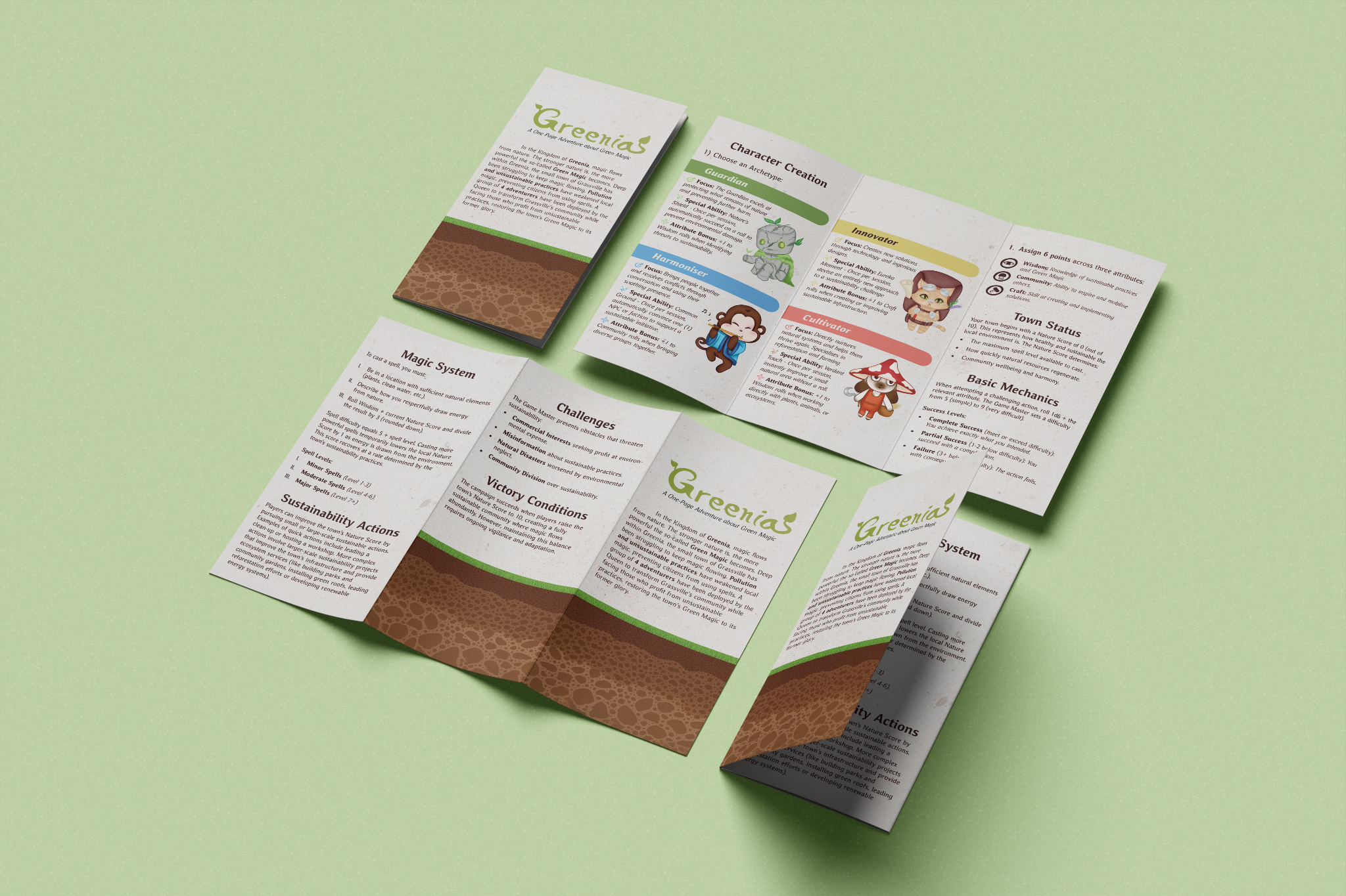 Greenia physical mockup — folded game sheet on green background