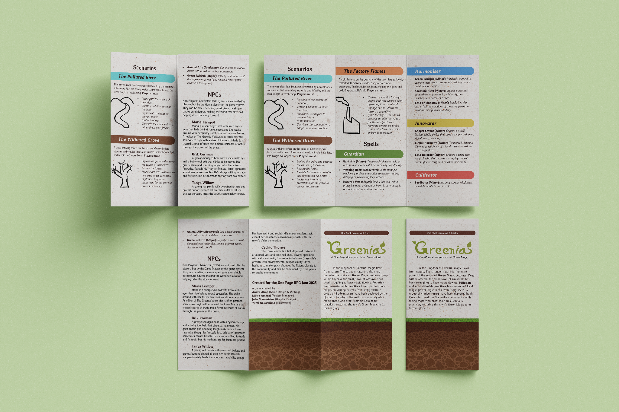 Greenia physical mockup — unfolded game sheet detail