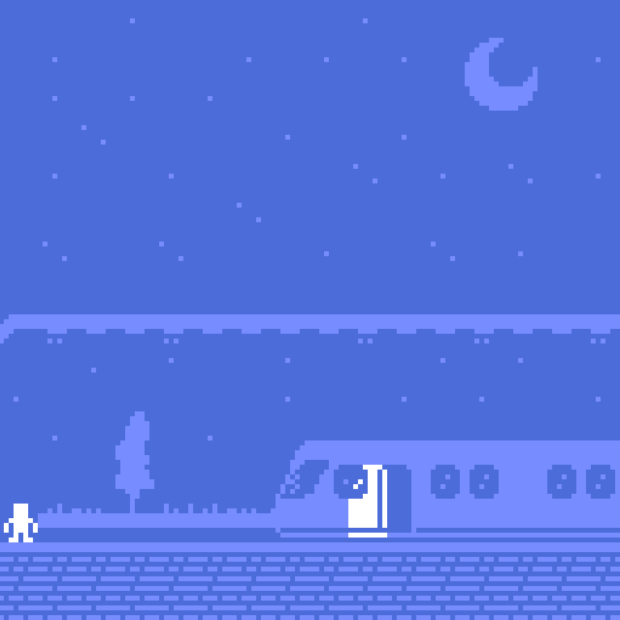 Train to Tralee — night scene with lone figure, train, and crescent moon in monochrome blue