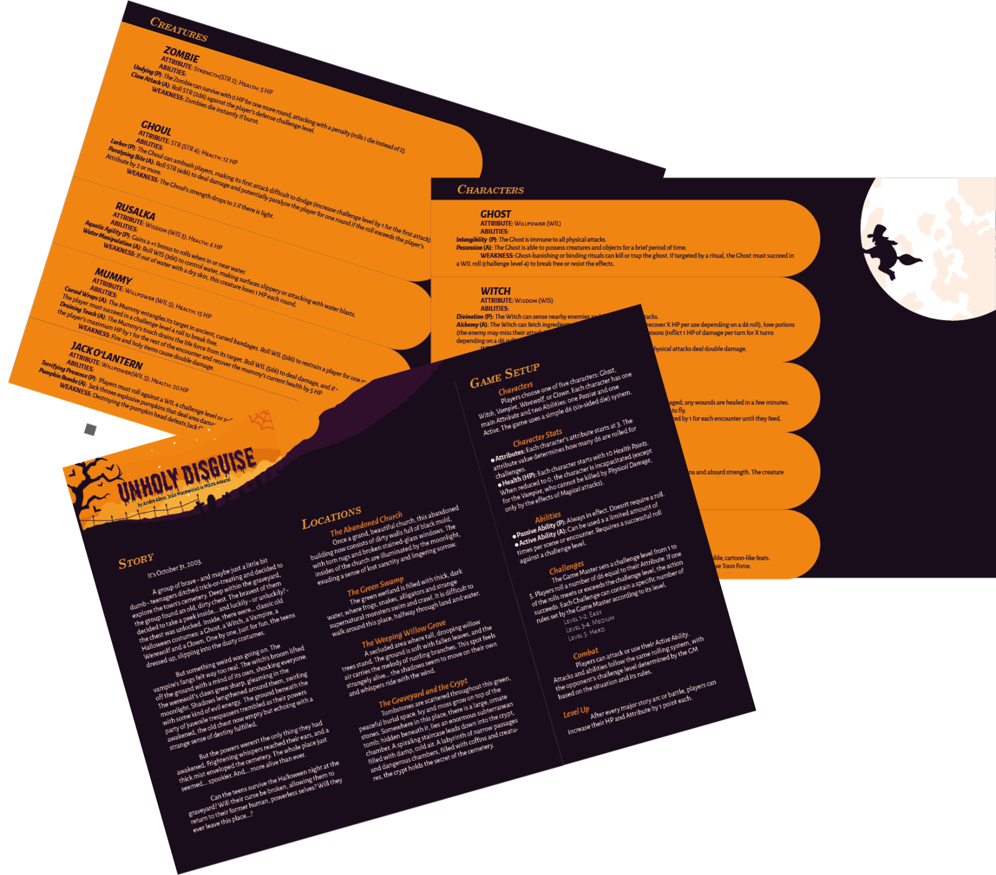 Unholy Disguise game sheets showing characters, creatures and game setup