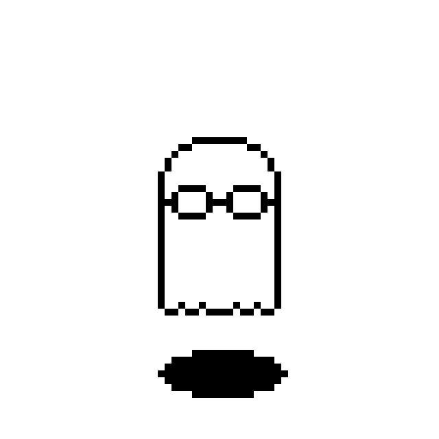 almoghost.exe mascot — black-and-white pixel ghost with glasses