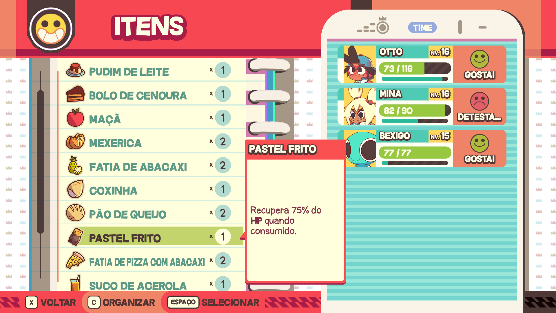 Food items you can use on the characters. Many of the items are examples of traditional Brazilian foods.
