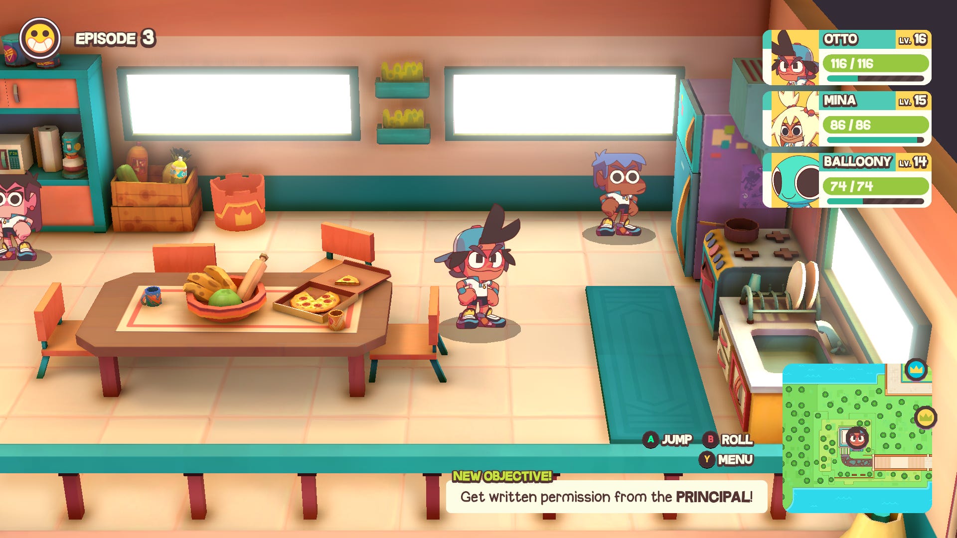 The school's dormitory is where you start and end each chapter. Here, you can see the communal kitchen.