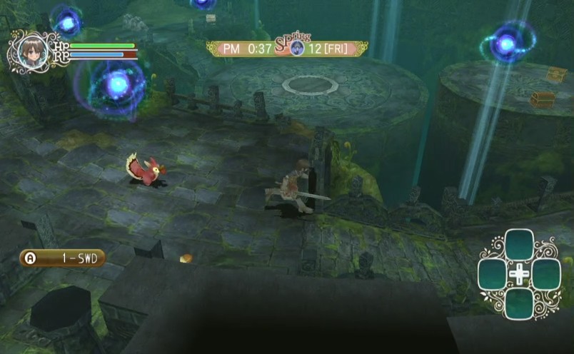 Dungeon crawling in Rune Factory: Frontier (2008).
