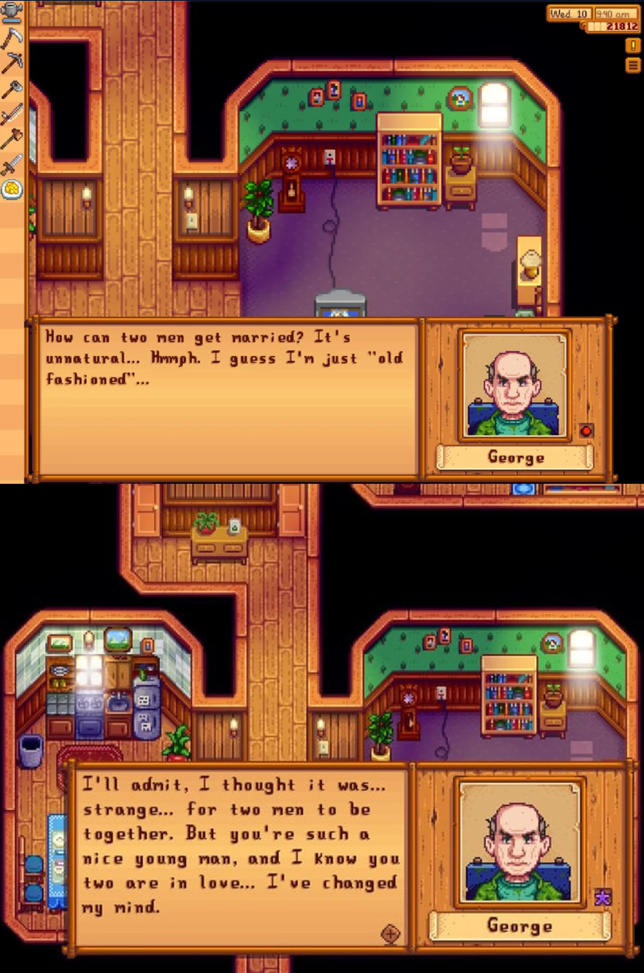 George's initial reaction to his grandson's same-sex marriage, and his eventual softened, more open attitude.