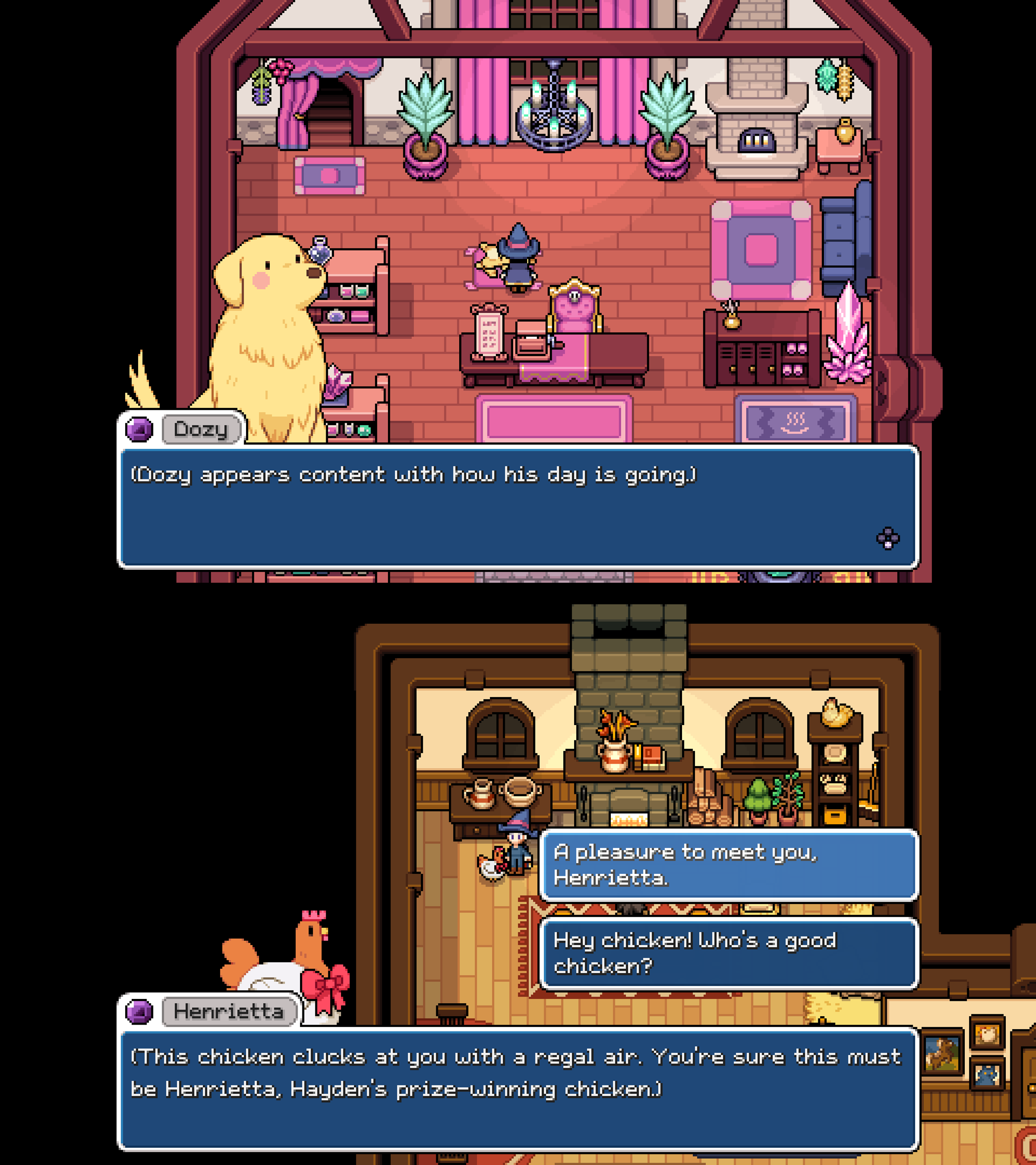 Interactions with Dozy and Henrietta, the game's best characters.