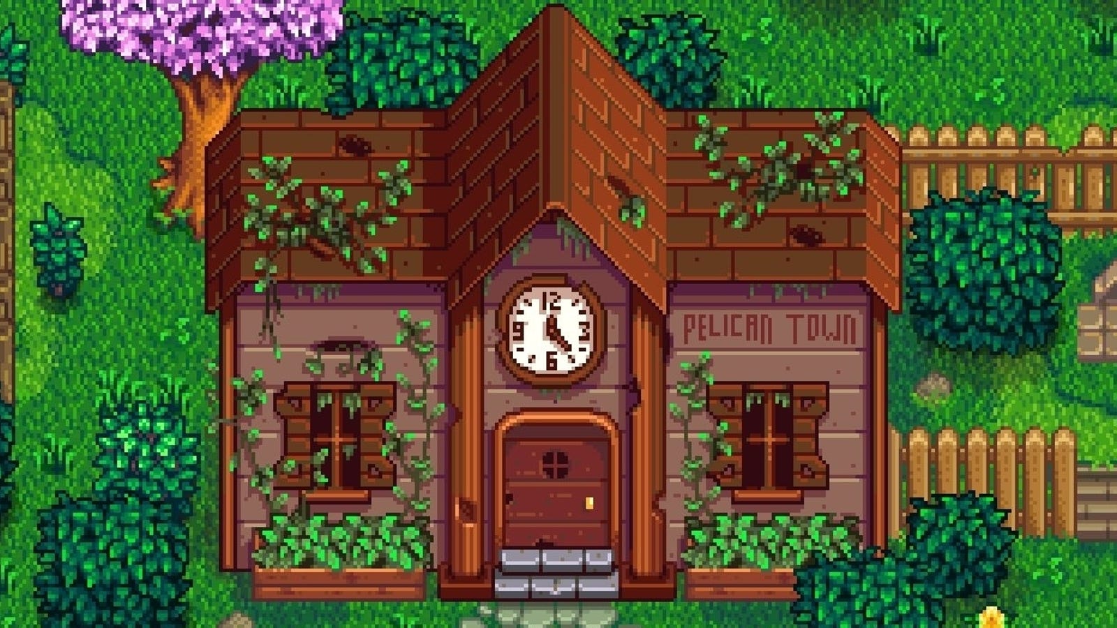 Pelican Town's rundown Community Centre in Stardew Valley.