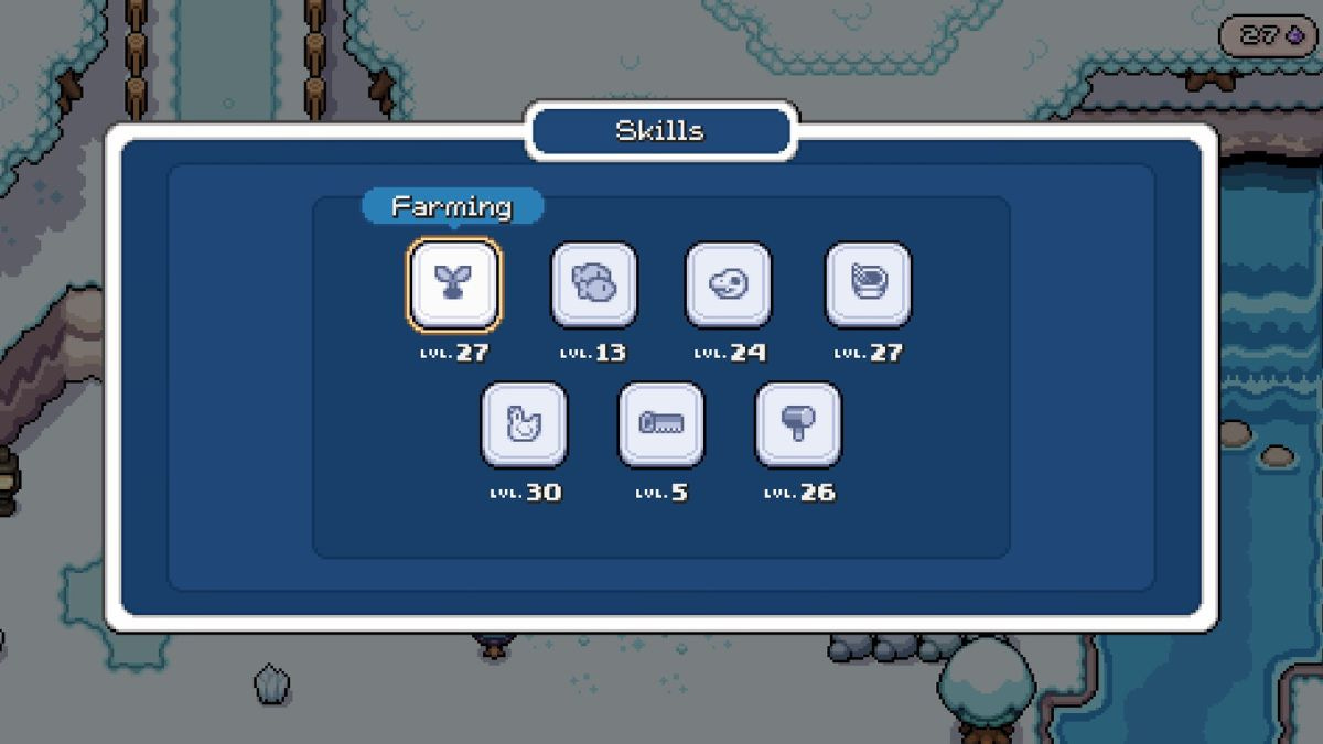 The skill menu in Fields of Mistria.