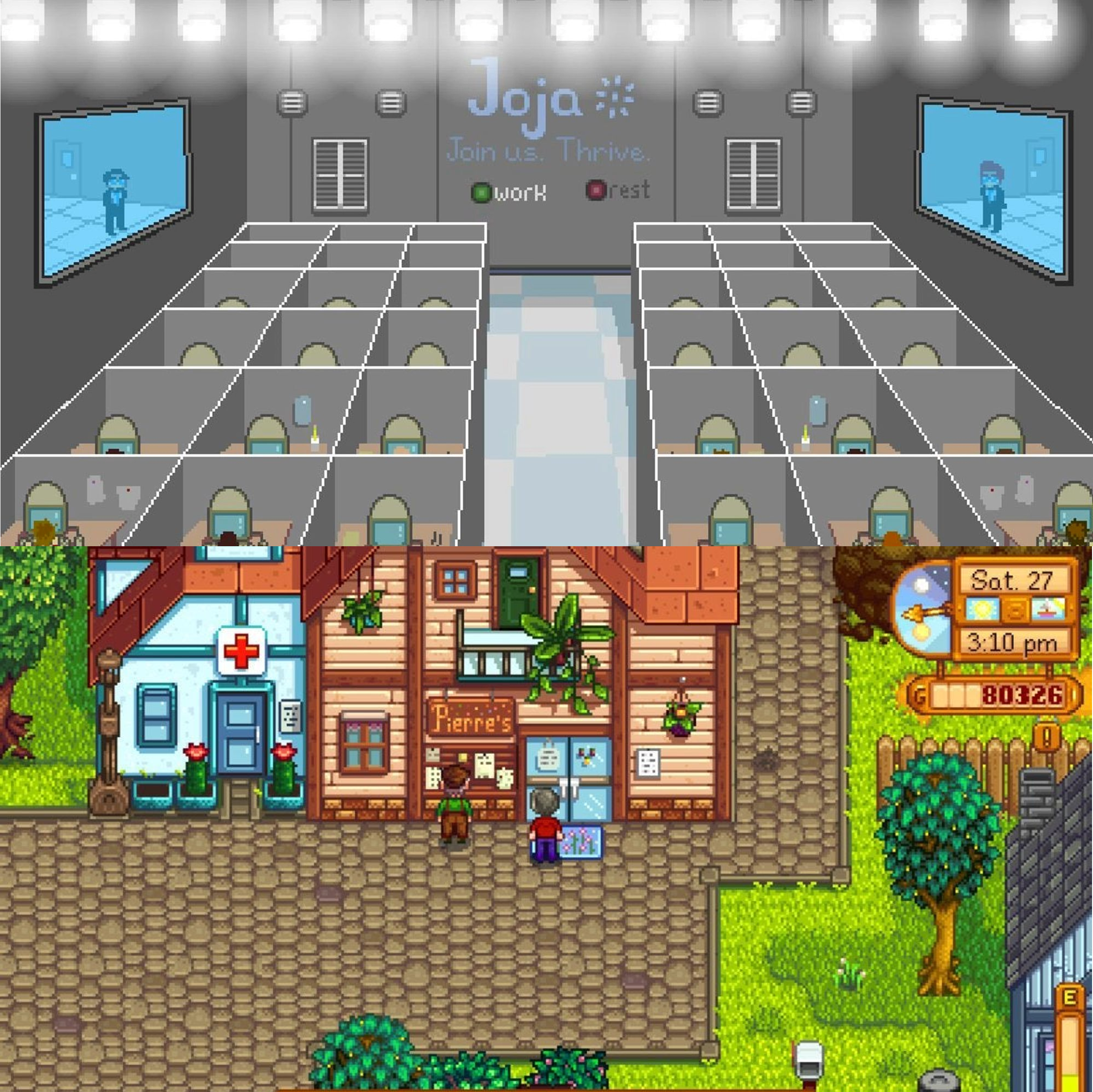 Joja's lack of colour contrasts with the vibrant Pelican Town.