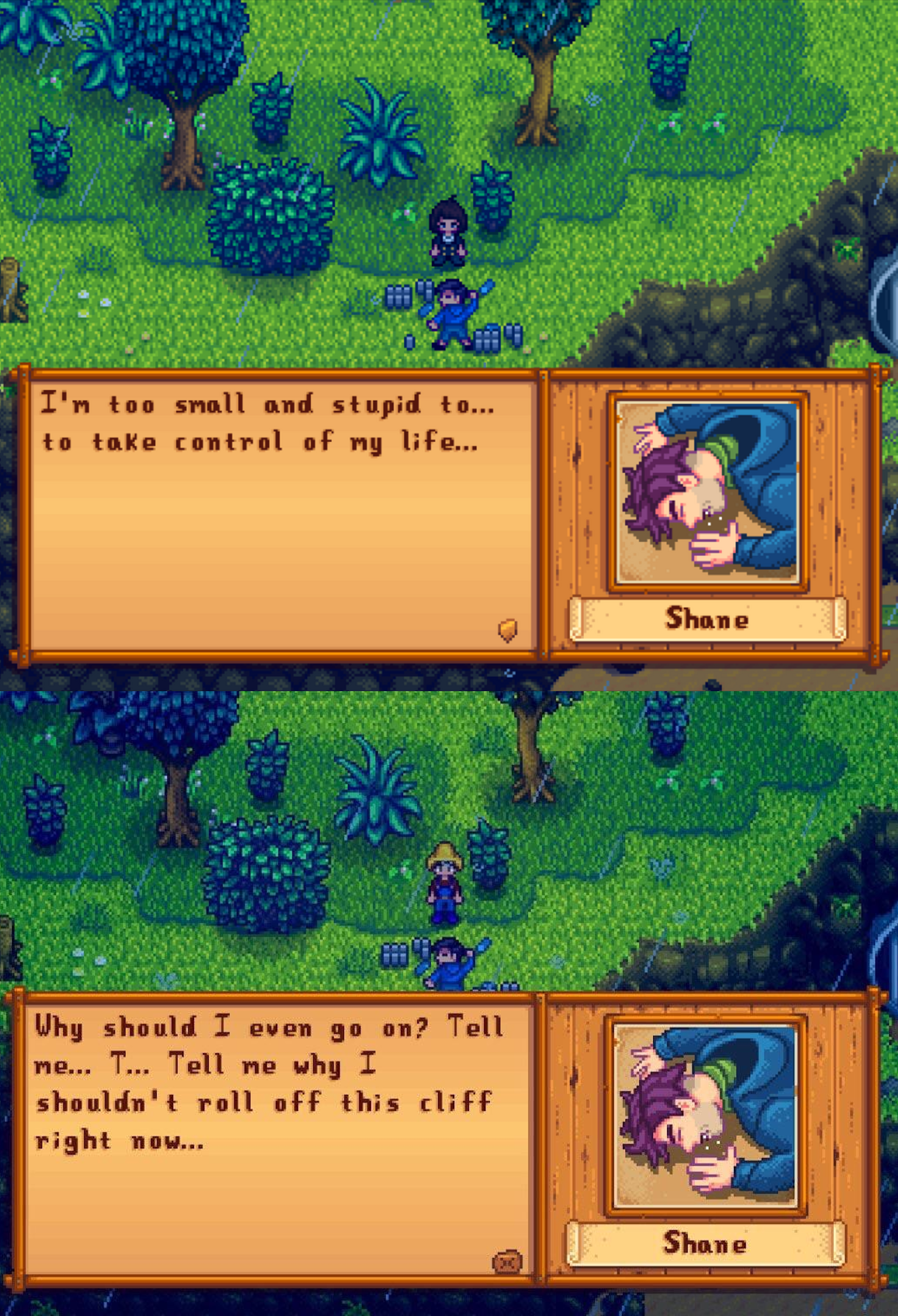 Shane drinks heavily and threatens to end his own life, only being saved by the player's intervention.