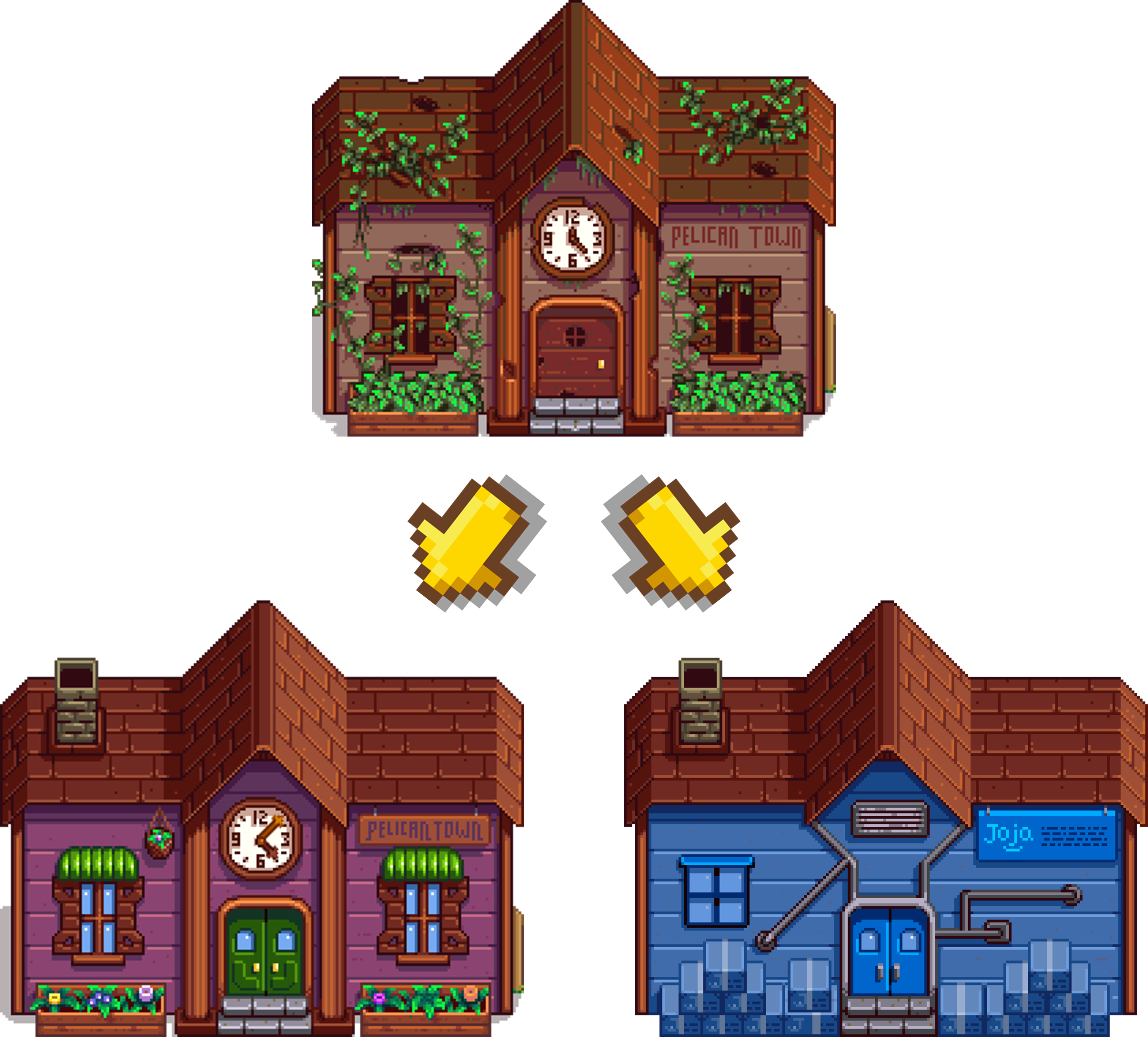 The run down Community Centre can be restored or turned into a Joja warehouse.