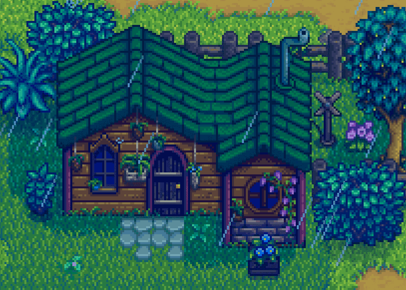 Leah's cottage in the rain.