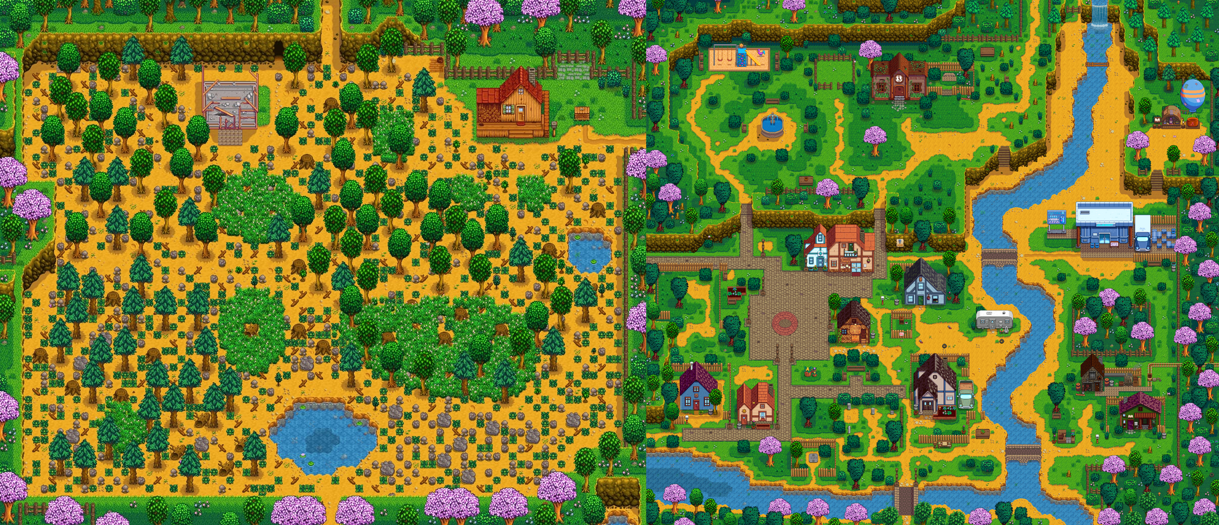 The player's standard farm (left) and Pelican Town (right). There is a difference in zoom in these images, but you can still see the farm is massive.