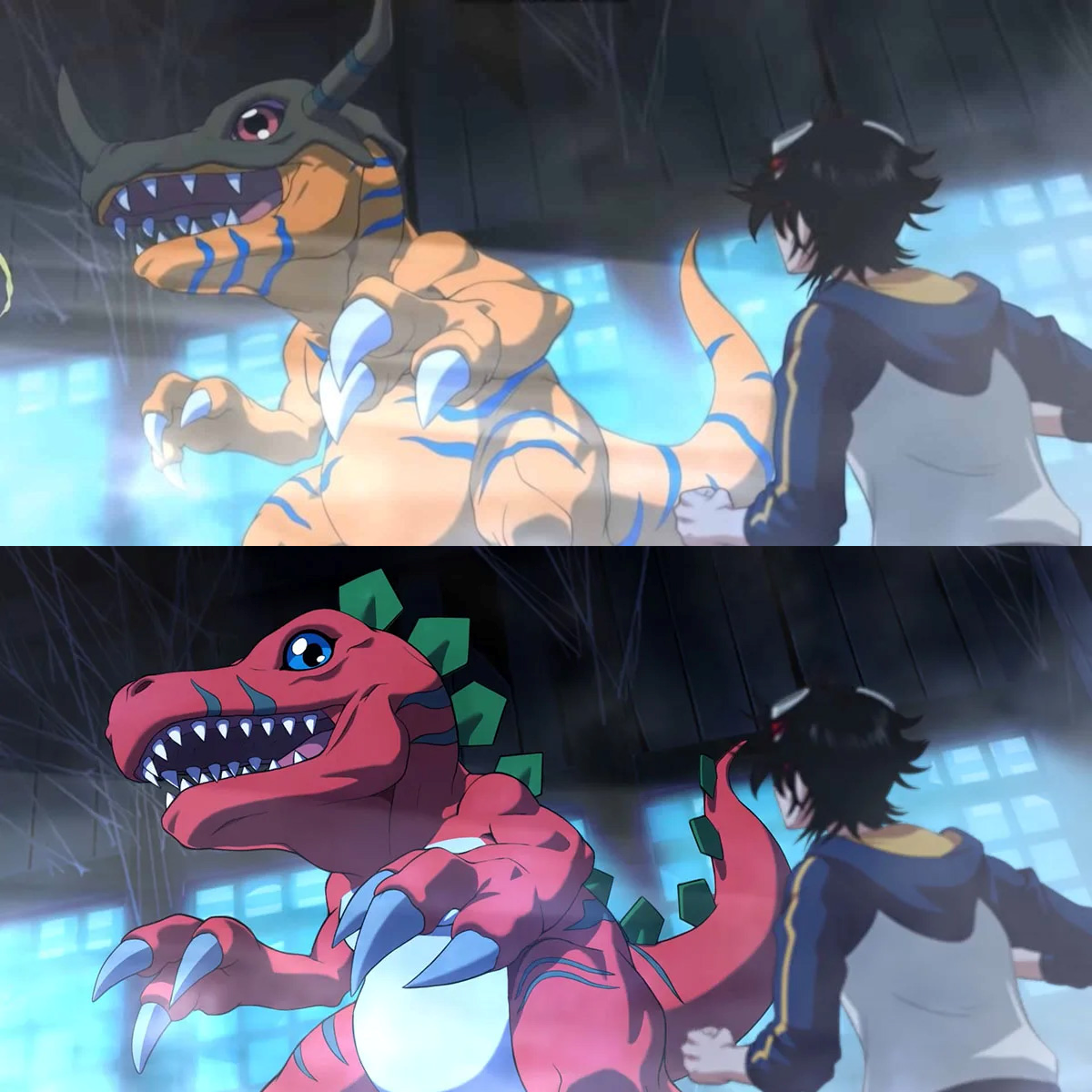 Screenshots from Digimon Survive: player choice influences how the Digimon evolve.