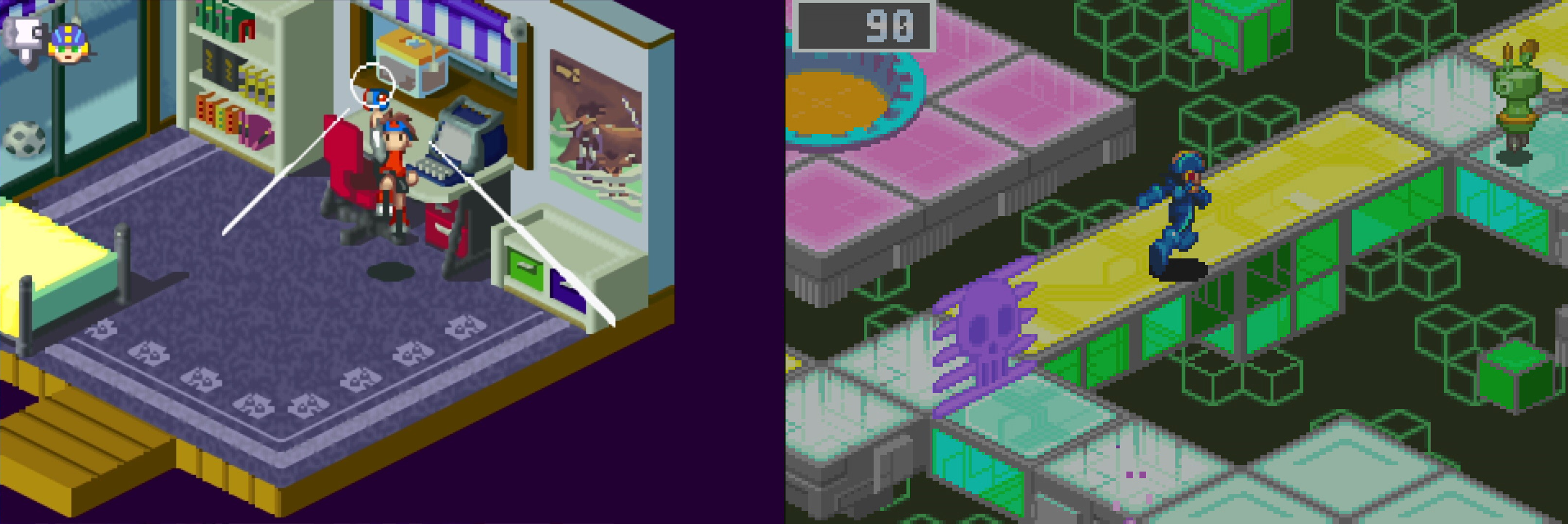 Screenshots from the Mega Man Battle Network series in the Game Boy Advance.