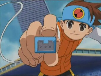 Lan 'jacks in' MegaMan.exe in the Mega Man Battle Network anime.