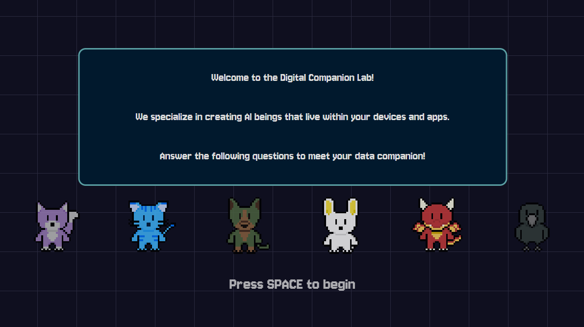 data_companion.exe — introduction screen showing all six companions and the welcome message