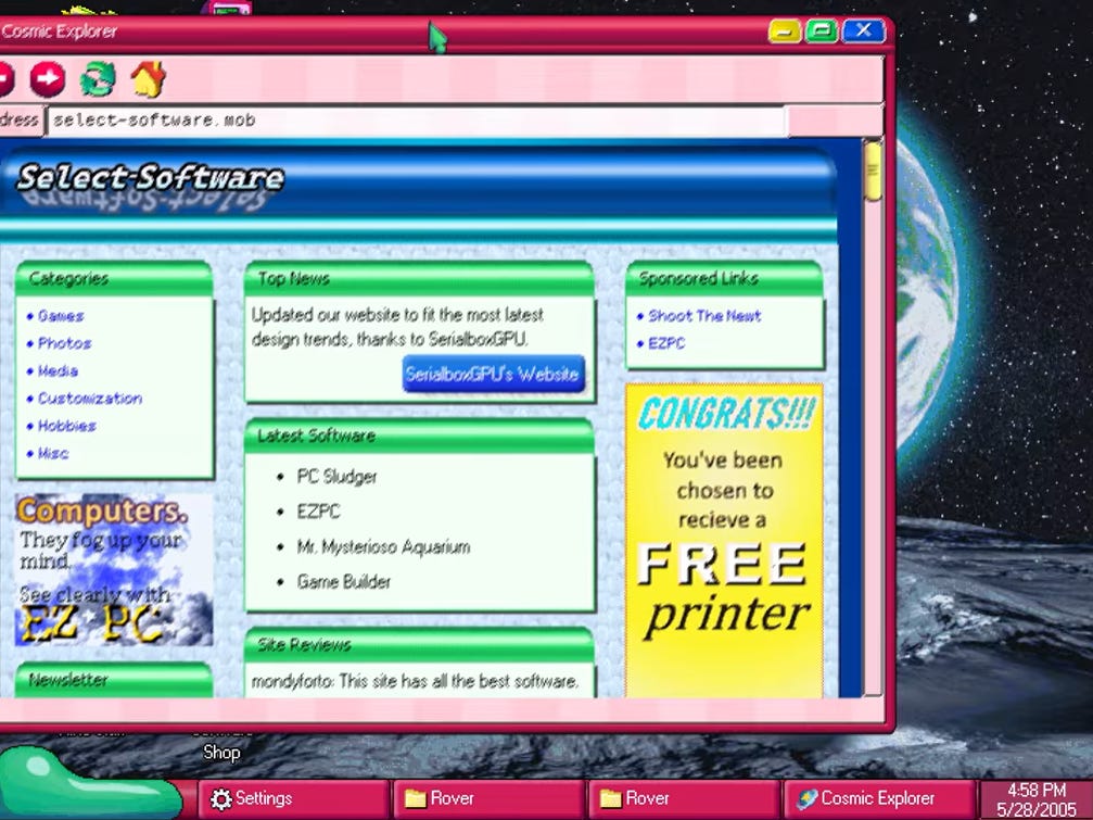 A website in mobOS. The game goes all-in in its early 2000s aesthetic.