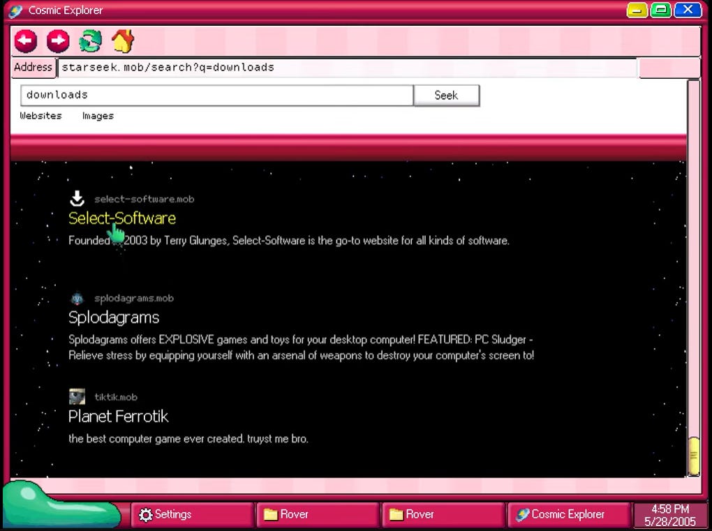 Navigating through the Starseek search engine in the Cosmic Explorer browser.