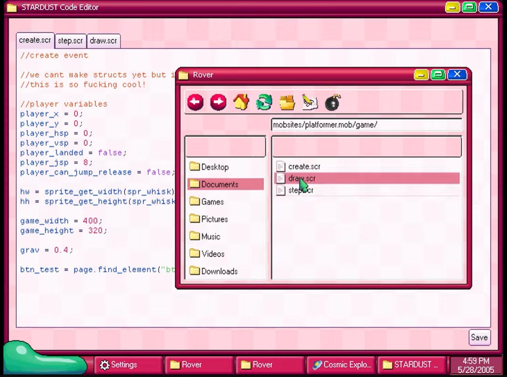 The game's own programming language, created by Cy. You can literally code a game… inside the game.