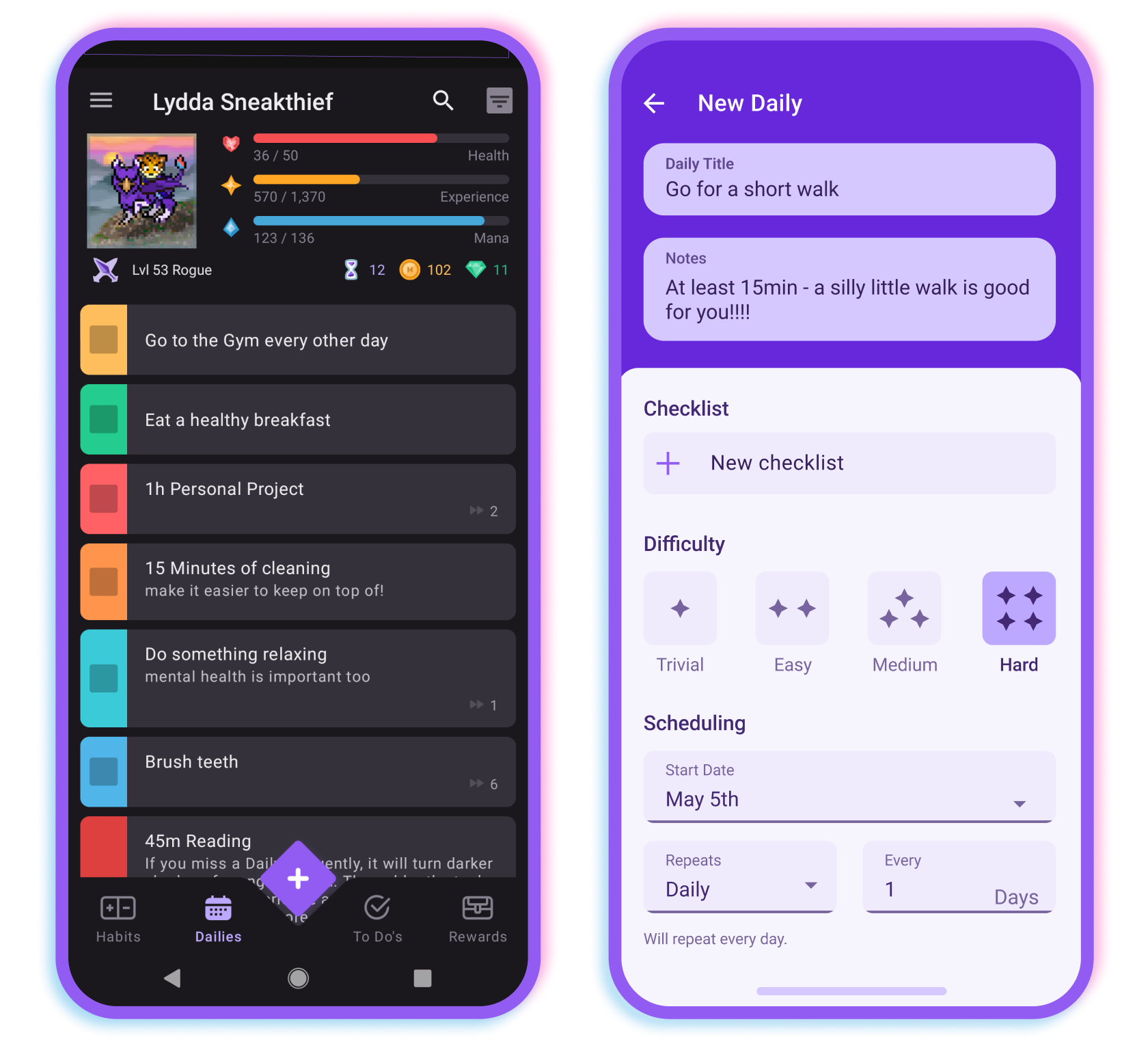 Habitica's current mobile app look.