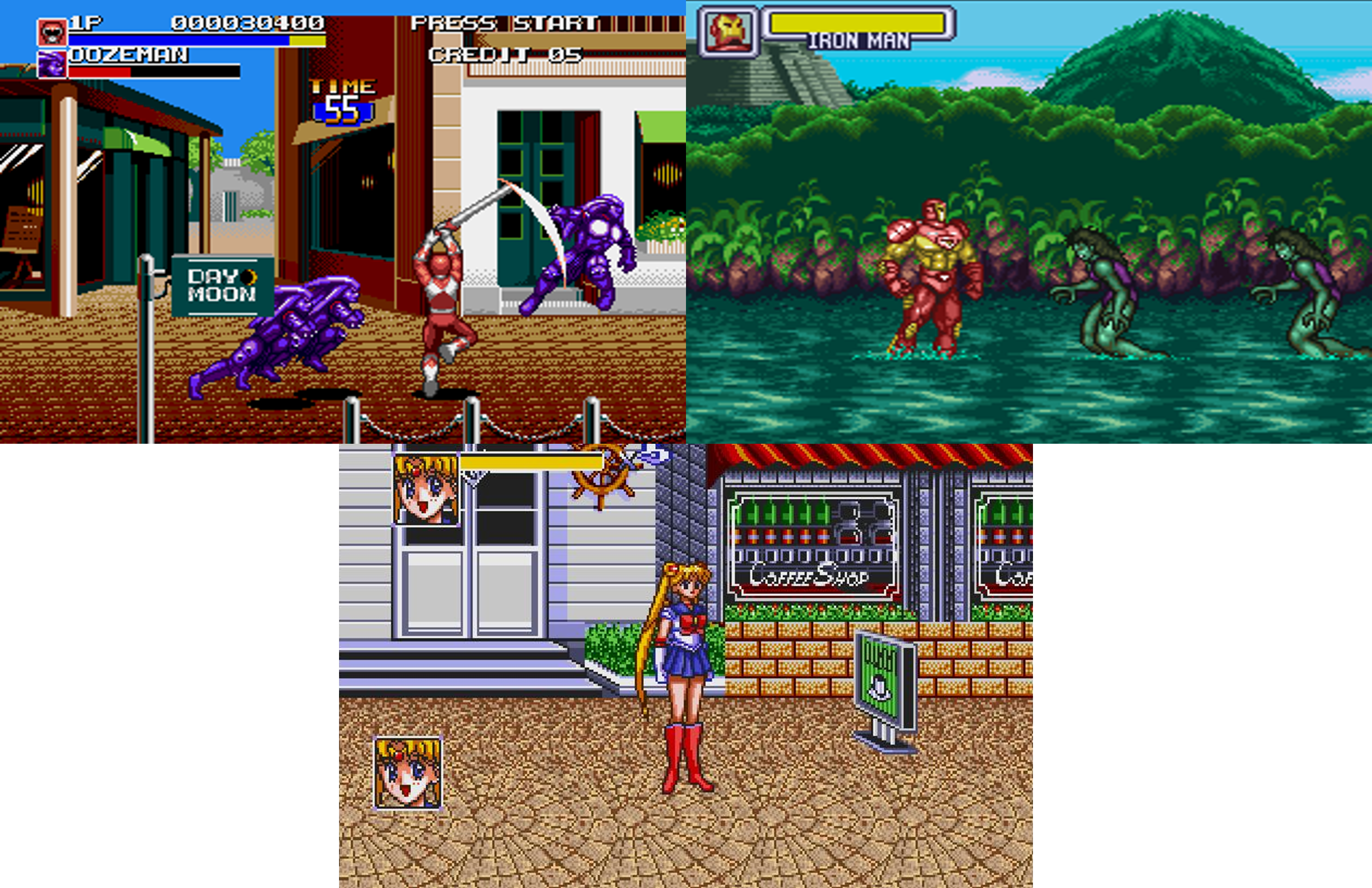 Some of the games I rented: Mighty Morphin Power Rangers: The Movie (1995), Marvel Super Heroes in War of the Gems (1996), and Sailor Moon (1993).